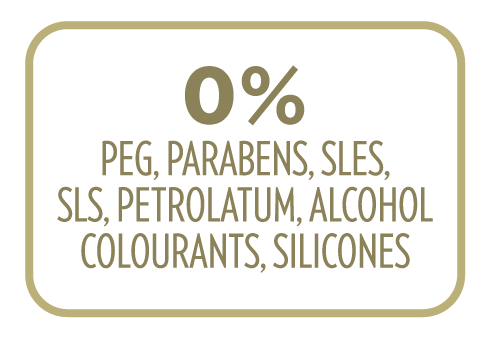 0% PEG, parabens, petrolatum, silicones,SLS, artificial colourants, alcohol